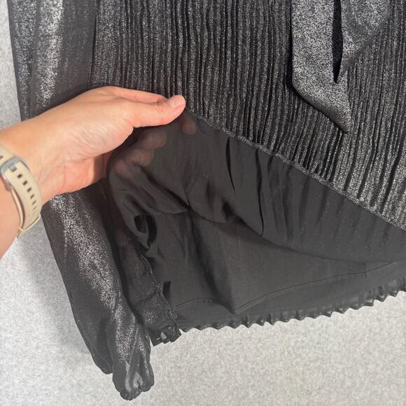 Nanette Lepore Blouse Small Metallic Sheer Sleeve Neck Bow Tie Cord Pleated - Picture 7 of 13